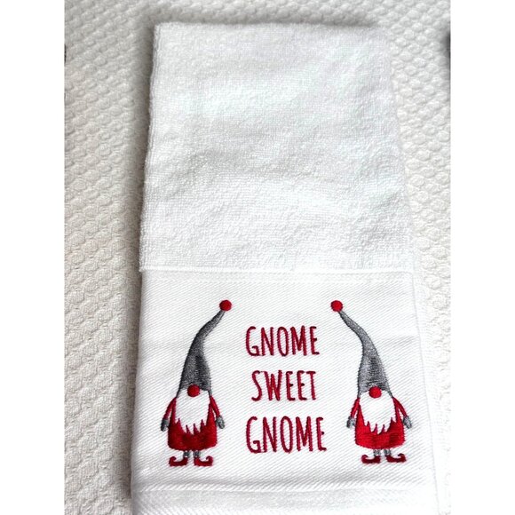 Two Charmont Collection Gnome Sweet Gnome Hand Towels White Red Designs Holiday - Picture 6 of 8